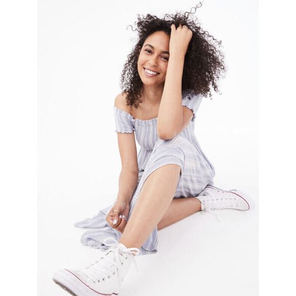 Aeropostale Blue White Striped Off Shoulder Smocked Stretch Top Dress Size XL - Picture 2 of 8